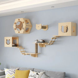 Estantes de pared de madera para gatos con puente y escalera, muebles para gatos, árbol para trepar, espacio de actividades para gatitos, cama para gatos, poste de sisal