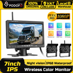 Monitor de coche Podofo de 7 pulgadas y cámara de visión trasera inalámbrica con visión nocturna 1080P, asistencia de estacionamiento con 2 cámaras, antiinterferencias, IP68, resistente al agua, para