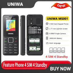 Teléfono con funciones UNIWA MS001 2G, 4 tarjetas SIM, 4 modos de espera, amplificador de señal GSM, teléfono con teclado, batería de 1800 mAh, radio inalámbrica, linterna, teléfono celular para