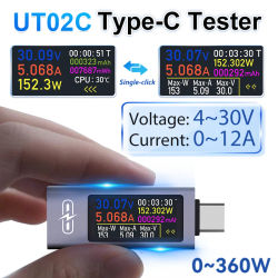 Probador de pantalla a Color USB UT02C tipo C, amperímetro de voltaje DC4-30V 12A, prueba de carga rápida, Monitor de temperatura de CPU, medidor de potencia de corriente de voltaje