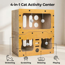 Rascador para Gatos de 3 Niveles, Casa para Gatos de Cartón, Mueble para Gatos, Color Amarillo Natural, Área de Juegos Interior para Gatos Pequeños y Medianos