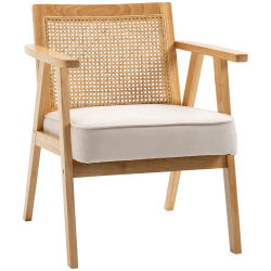 Sillón HOMCOM para sala de estar, cómodo, silla de ratán con respaldo de mimbre, cojín grueso, asiento profundo, estructura de goma, tela con aspecto de lino beige