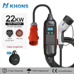 Cargador Portátil para Vehículos Eléctricos Khons de 22 kW Tipo 2, Estuche de Carga para Coche Eléctrico, Cargador Trifásico de 32 A con Cable de 5 m