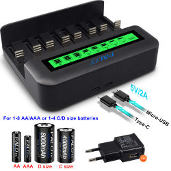 Cargador de Baterías PALO con 8 Ranuras LCD para Baterías Recargables NIMH de 1.2V AA AAA C D, LR3 LR6 LR14 LR20, Cargador Rápido Inteligente