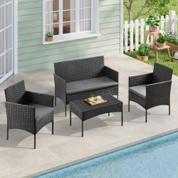 WOLTU Juego de muebles de jardín de ratán, mesa de centro, 2 sillones y sofá para 2 personas con cojín, resistente a la intemperie, para balcón y jardín
