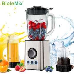 Licuadora personal BioloMix 3 en 1 de 1300W con cuchillas de acero inoxidable, vaso de vidrio, picadora de alimentos para bebés y extractor de jugos.
