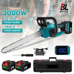 Motosierra Inalámbrica de Litio de 12 Pulgadas y 3000W, 2 Baterías y 1 Cargador Incluidos, para Desbroce Forestal, Tala, Poda de Ramas y Más