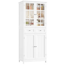 Mueble de cocina, mueble tipo aparador de 179,9 cm con 2 puertas de cristal, mueble alto para almacenamiento con 4 puertas y 2 cajones.