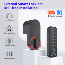 Cerradura inteligente con Bluetooth Tuya, desbloqueo por huella dactilar, contraseña y tarjeta IC; no requiere perforación para su instalación.