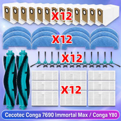 Compatible con Cecotec Conga 7690 Immortal Max/Max Home, Cecotec Conga Y80/Y80 X-TREME, Ultenic T20 Pro, ROPO Vision PRO Repuestos para aspiradora Cepillo principal Cepillo lateral Filtro Mopa bolsa