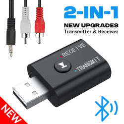 Transmisor receptor de Audio 2 en 1 Bluetooth 5,0, adaptador inalámbrico de música estéreo USB AUX de 3,5mm con micrófono para Kit de coche, altavoz, TV y PC