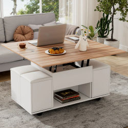 Mesa de centro 3 en 1 ajustable en altura, mesa de comedor y escritorio convertible con espacio de almacenamiento, juego de mesa móvil para sala de estar con 4 taburetes a juego, muebles