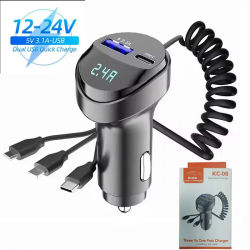 Cargador de Coche 3 en 1 con Cables Adaptadores USB Tipo C de 3.1A para Samsung, iPhone, Huawei, Cargadores de Carga Rápida con Pantalla Digital