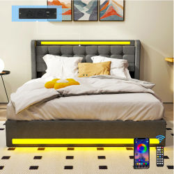 Cama tapizada, estructura de cama, cabecero tapizado, muebles de dormitorio (90/140/160×200 cm), lino gris oscuro.