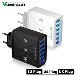 Vumpach Cargador Rápido de Teléfono Móvil con 6 Puertos USB QC 3.0, Adaptador de Viaje para UE, EE. UU. y Reino Unido, para iPhone 17 16 Pro Max, Samsung, Xiaomi