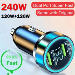 Cargador de coche de 240W, puertos USB duales, carga súper rápida de 120W con pantalla Digital, adaptador de carga rápida para IPhone, Samsung, Xiaomi