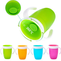 Taza para beber de aprendizaje para bebé, se puede girar 360 grados, con tapa abatible de doble mango, botella de agua de silicona a prueba de fugas para bebés