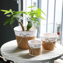Maceta tejida de paja para plantas, cubierta para maceta para interiores y exteriores, contenedores para plantas, cesta para macetas tejida a mano, decoración para jardín y balcón