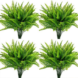 4 mechones de plantas artificiales, helechos de Boston falsos, arbustos de imitación, planta verde resistente a los rayos UV para el hogar, jardín, decoración de patio al aire libre