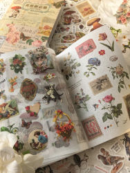 Libro de pegatinas retro de 20 páginas con una serie de plantas, hongos y casas de campo, elaborado con PVC y papel washi, perfecto para