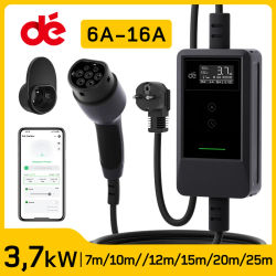 dé Cargador Coche Eléctricos Tipo 2 de 3,7 kW con Aplicación, Cable de Carga de 7 m, 10 m, 15 m, 20 m y 25 m, Monofásico, Ajuste de Corriente de 6A a 16A, Cargador EV Plug & Play para Vehículos