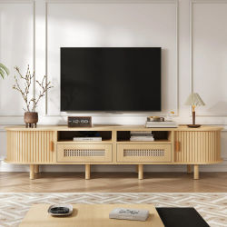 Mueble para TV ovalado de 170×40×40cm en color madera, con 2 cajones con diseño de ratán y 2 puertas correderas, apto para televisores de hasta 70 pulgadas