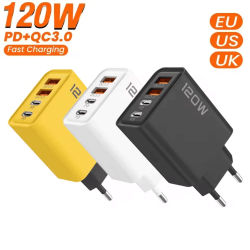 Total 120W 4 puertos USB cargador tipo C carga rápida adaptador de teléfono móvil para iPhone Samsung Xiaomi Huawei cargador de pared de carga rápida