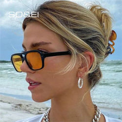 SO & EI, gafas de sol cuadradas Retro con doble puente para mujer, gafas con gradiente a la moda, gafas de sol con lentes oceánicos para hombre, gafas de sol con protección UV400