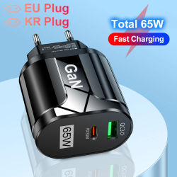 Cargador USB C GaN de 65W, carga rápida, enchufe coreano, UE, EE. UU., PD USB-C TypeC, cargador USB rápido para iPhone 14, Xiaomi, Samsung, Macbook