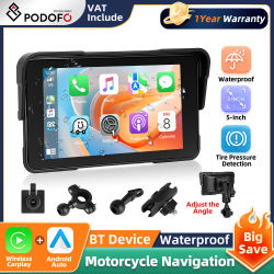 Podofo Reproductor Inteligente para Motocicleta de 5 Pulgadas con Pantalla Impermeable IP68, CarPlay Inalámbrico, Android Auto, Monitor de Navegación, Sistema de Monitoreo de Presión de Neumáticos