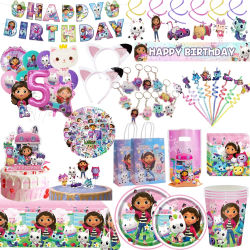 Decoración para Fiesta de Cumpleaños Gabby Dollhouse, Mantel, Platos, Vasos, Bolsas, Soplador, Llavero, Recuerdos para Baby Shower Gabby