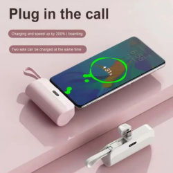 Batería Externa Mini de 5000mAh con Cordón, Cargador Rápido USB-C Tipo Cápsula para iPhone, Samsung, Xiaomi, Energía de Respaldo de Emergencia