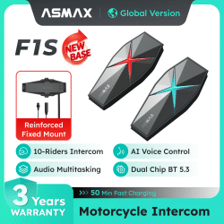 Intercomunicador para Motocicletas ASMAX F1S para 50 Motociclistas, Comando de Voz, Comunicación Bluetooth 5.3 en el Casco, Sonido de Alta Fidelidad, Sin Base Magnética