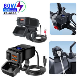 PD QC3.0 cargador celular rápido USB para motocicleta adaptador de fuente de alimentación de 12V conector de enchufe de puerto tipo C con voltímetro de interruptor