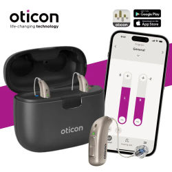 Audífono recargable Oticon Jet PX 2 miniRITE con IA, DNN, 48 canales, Bluetooth y programación por computadora para pérdida auditiva de leve a severa.