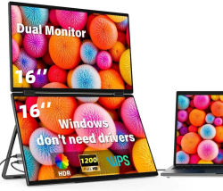 Monitor portátil de doble pantalla, 16" 1920×1200, pantalla dual plegable | Pantalla extendida para portátil con soporte | Monitor dual USB-C y HDMI