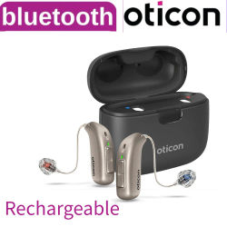 Audífonos recargables Oticon Jet PX 2 miniRITE de 48 canales programables con Bluetooth y compatibles con ajustes desde el teléfono móvil.