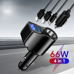 Adaptador de corriente para encendedor de cigarrillos de coche con pantalla digital de 66W y 4 puertos, 3.1 A USB PD, cargador multifuncional para teléfono de coche para iPhone y Huawei