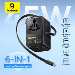 【NUEVO】Baseus 6-EN-1 GaN cargador de teléfono adaptador de viaje Universal 45W/70W Cable retráctil 2AC enchufe UE/REINO UNIDO/EE. UU. Cargador USB