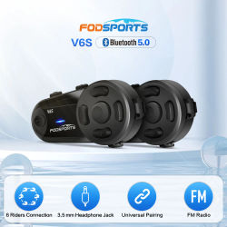 Fodsports V6S Intercom Moto Bluetooth 5,0 casco auriculares 6 conductores 1000m Intercomunicador motocicleta Interfono Moto FM