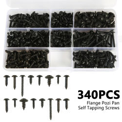 340/500 Uds tornillo de rosca de cabeza plana cabeza cruzada M3/M4/M3.5/M4.8 juego de tornillos autorroscantes Kit surtido muebles negros acero al carbono