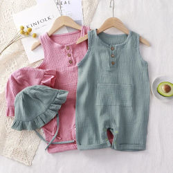 2 unids/set de ropa de verano para bebé, pelele liso para recién nacido con sombrero de muselina de algodón sin mangas, trajes de mono para bebés y niñas