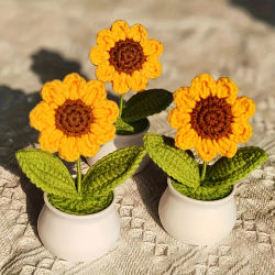 1 Pieza de Planta en Maceta Miniatura Hecha a Mano con Ganchillo, Bonsái de Flores Artificiales Tejidas, Decoración de Escritorio, Lindo Regalo para el Día de la Madre, Día de San Valentín