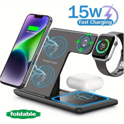Base de Carga Inalámbrica Rápida LED de 15W, Estación de Carga Plegable 3 en 1 para iPhone 17 16 15 14 13, Apple Watch 9 8 7 6 5, Airpods Pro