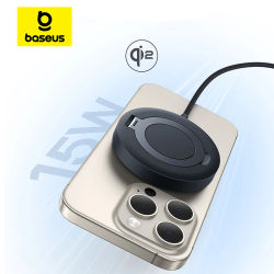 Cargador inalámbrico magnético Baseus de 15W con certificado Qi2, carga rápida, soporte incorporado, cargador de teléfono para iPhone 16 15 14 13 Pro Max