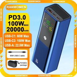 Ranwomen-batería externa de 20000mAh, Banco de energía de alta capacidad, pantalla Digital LED, cargador portátil, carga rápida de 100W