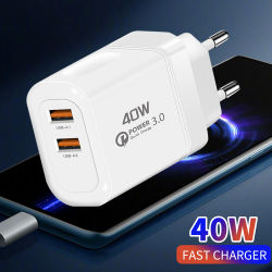 Cargador USB rápido con enchufe UE EE. UU., adaptador de cargador de teléfono de pared para iPhone, Samsung, Xiaomi, Redmi, puerto dual, salida 2A, 40W