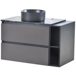 Mueble de Baño Suspendido de 80cm con Lavabo de Cerámica y Cajones, Negro-Gris