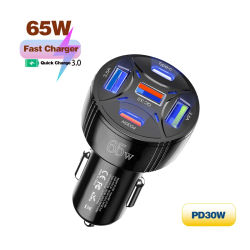 Cargador de coche USB de 65W 3.5A 5 puertos QC3.0 + PD30W cargador de teléfono de coche para iPhone Samsung Xiaomi adaptador de encendedor de cigarrillos de carga rápida