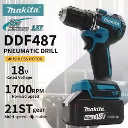 Taladro Atornillador Inalámbrico Original Makita DDF487 de 18V y 13mm, Equipado con Batería de Repuesto de 6Ah y Cargador Estándar